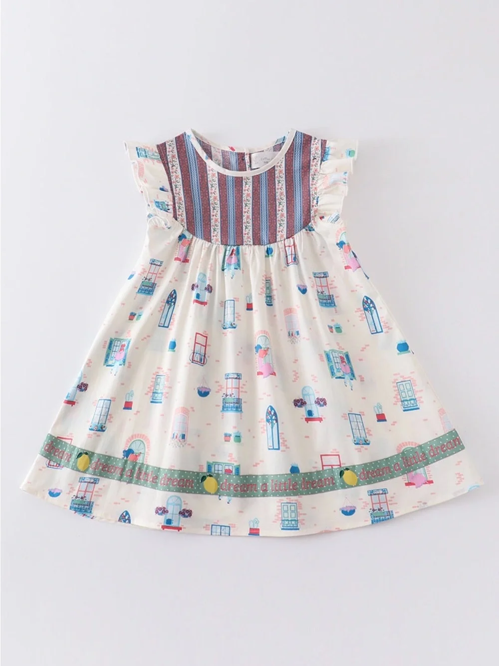 NWT Cream Print Ruffle-Yoke Kids Dress with Green Trim